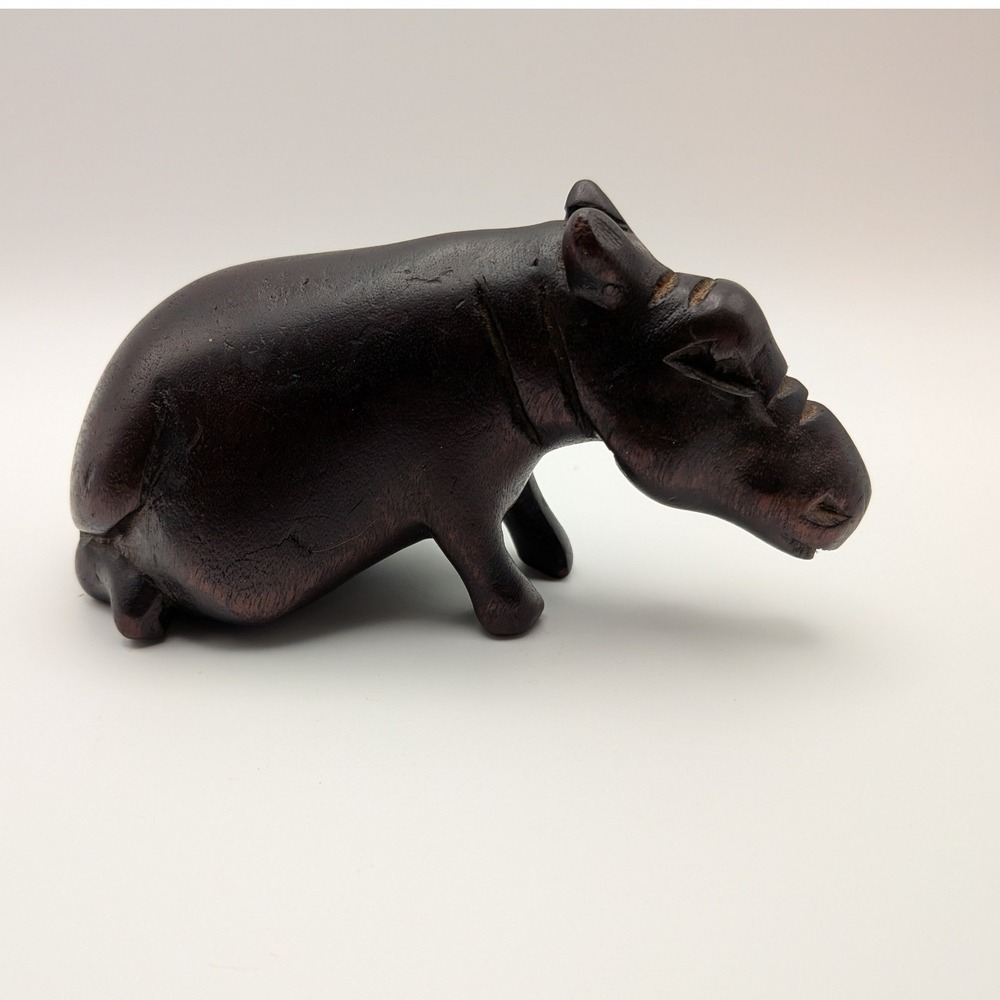 Vintage Egyptian Hand Carved Wood Hippo Figurine Dark Brown 5.5 Inch Safari Art